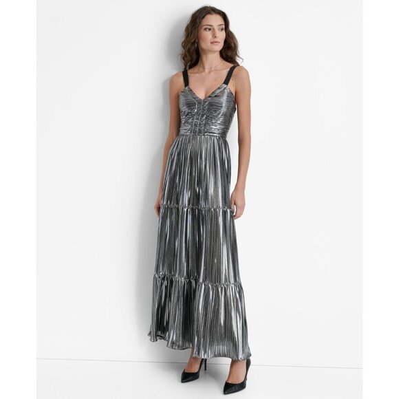DKNY Women's Foil Plissé V-Neck Sleeveless Maxi Dress Silver Size M MSRP $189 - Picture 2 of 4